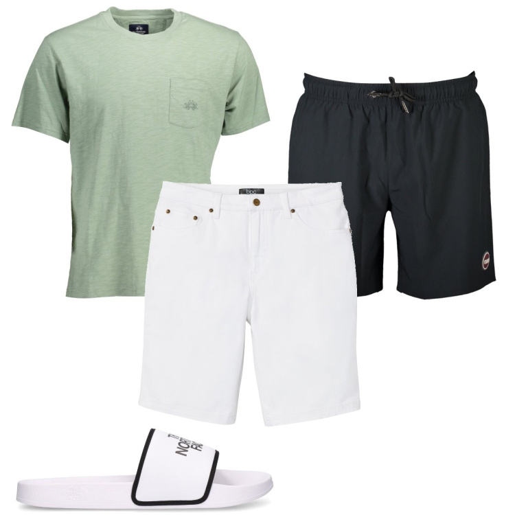 Outfit uomo - Il costume nero. Stile Casual per Mare. Abbinamento con bermuda, t-shirt, costumi, sandali.