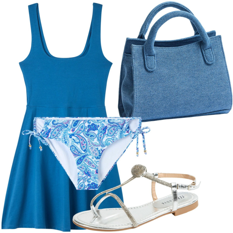 Outfit donna - Blu mare. Stile Casual per Mare. Abbinamento con bikini, vestiti midi/longuette, borse a tracolla, ciabatte.