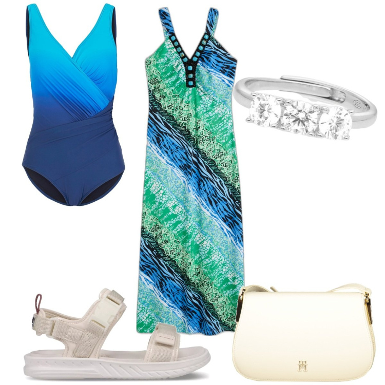 Outfit donna - Total look #1928294. Stile Trendy per Mare. Abbinamento con costumi interi, vestiti, anelli, sandali, borse a tracolla.
