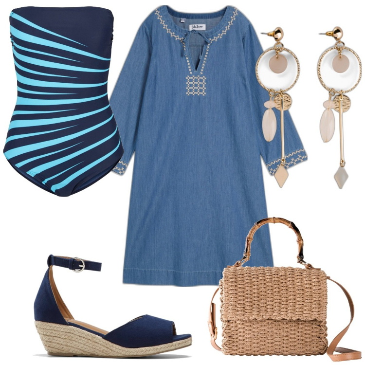 Outfit donna - Total look #1928296. Stile Etnico per Mare. Abbinamento con costumi interi, borse a mano, vestiti, sandali, orecchini.