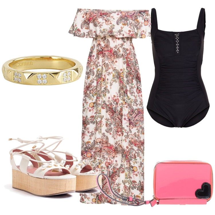 Outfit donna - Total look #1928305. Stile Boho per Mare. Abbinamento con vestiti lunghi, costumi interi, borse a mano, anelli, sandali col tacco.