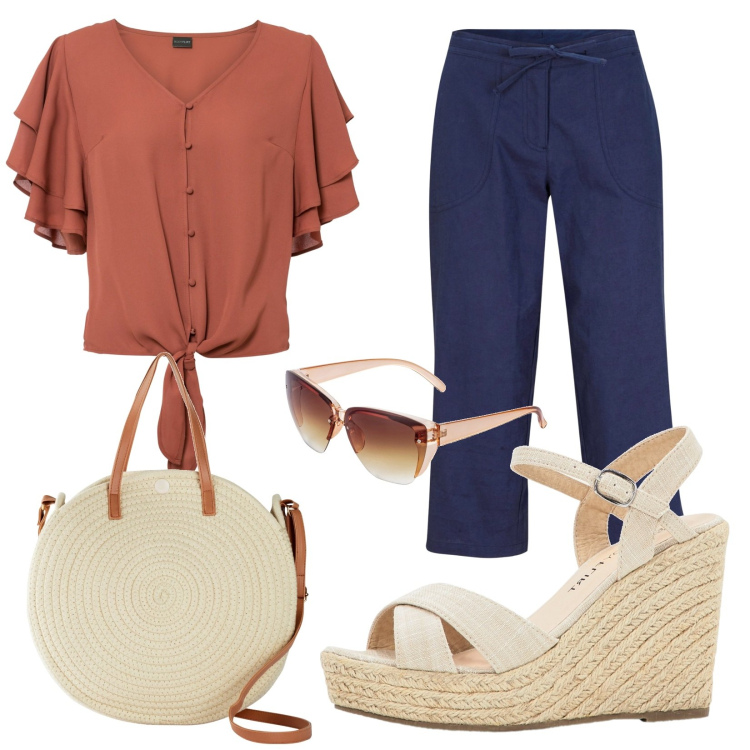 Outfit donna - Total look #1928325. Stile Casual per Tutti i giorni. Abbinamento con pantaloni capri, camicie, sandali, borse a tracolla, occhiali da sole.
