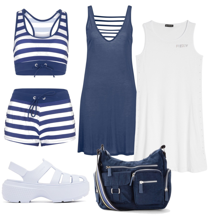 Outfit donna - Oggi vado in spiaggia. Stile Trendy per Mare. Abbinamento con borse a tracolla, bikini, vestiti da spiaggia, vestiti senza maniche, sandali.