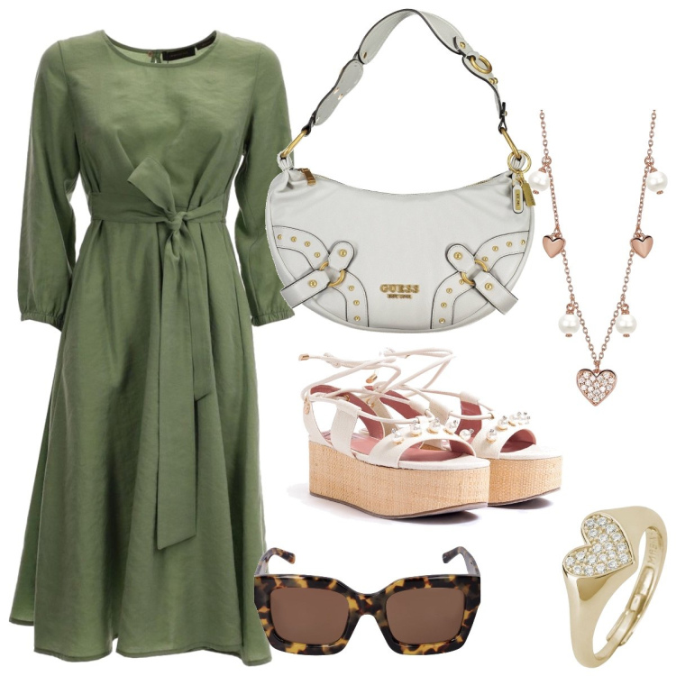 Outfit donna - Pomeriggio estivo. Stile Casual chic per Tutti i giorni. Abbinamento con anelli, collane, sandali col tacco, occhiali da sole, vestiti lunghi, borse a spalla.