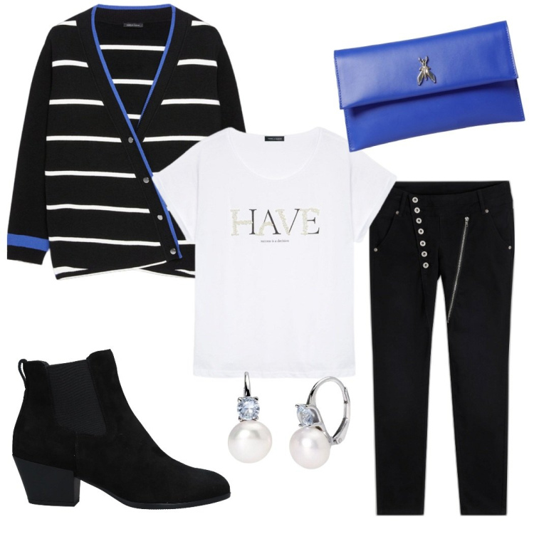 Outfit donna - Blu protagonista. Stile Minimal per Tutti i giorni. Abbinamento con pantaloni, stivaletti chelsea, orecchini, cardigans, t-shirt, clutch.