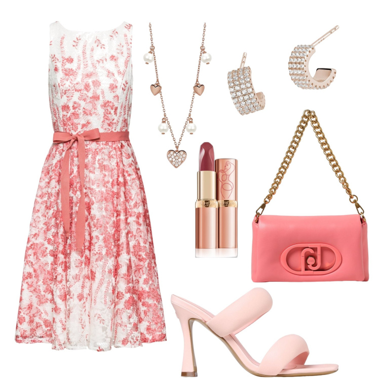 Outfit donna - Romantica corallo & rosa. Stile Romantica per Serata fuori. Abbinamento con vestiti midi/longuette, rossetti, collane, orecchini, sandali in pelle, borse a spalla.