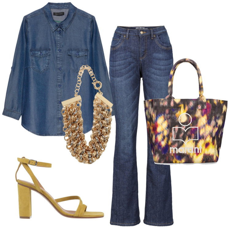 Outfit donna - In ufficio. Stile Casual per Tutti i giorni. Abbinamento con jeans bootcut, sandali in pelle, camicie, collane, shopping bag.