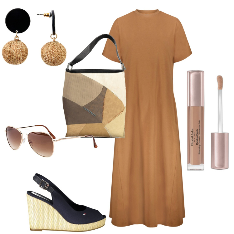 Outfit donna - City. Stile Basic per Tutti i giorni. Abbinamento con orecchini, occhiali da sole, correttori, vestiti midi/longuette, sandali, borse a spalla.