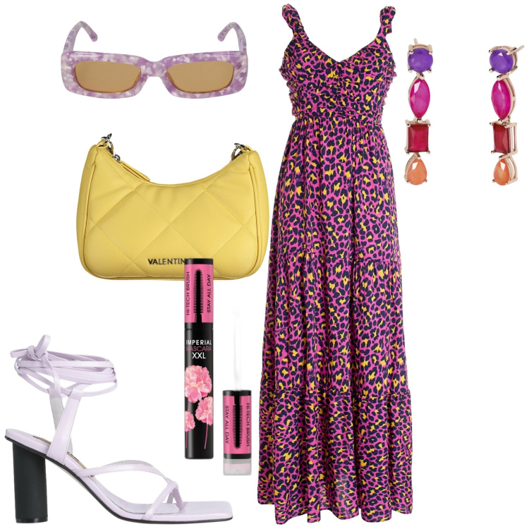 Outfit donna - Luglio. Stile Romantica per Tutti i giorni. Abbinamento con infradito, mascara, orecchini, vestiti lunghi, occhiali da sole, collane.