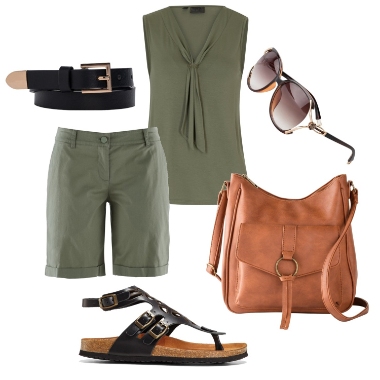 Outfit donna - Giornata comoda e fresca. Stile Casual per Tutti i giorni. Abbinamento con top, borse a tracolla, occhiali da sole, bermuda, sandali in pelle, cinture.
