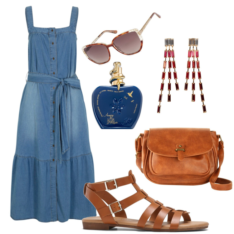 Outfit donna - Domenica in vigna. Stile Boho per Tutti i giorni. Abbinamento con borse a tracolla, orecchini, sandali, vestiti, profumi, occhiali da sole.