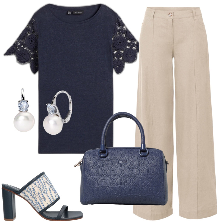 Outfit donna - Blu e sabbia in lino. Stile Bon Ton per Tutti i giorni. Abbinamento con pantaloni a palazzo, maglieria, sandali in pelle, orecchini, borse a mano.