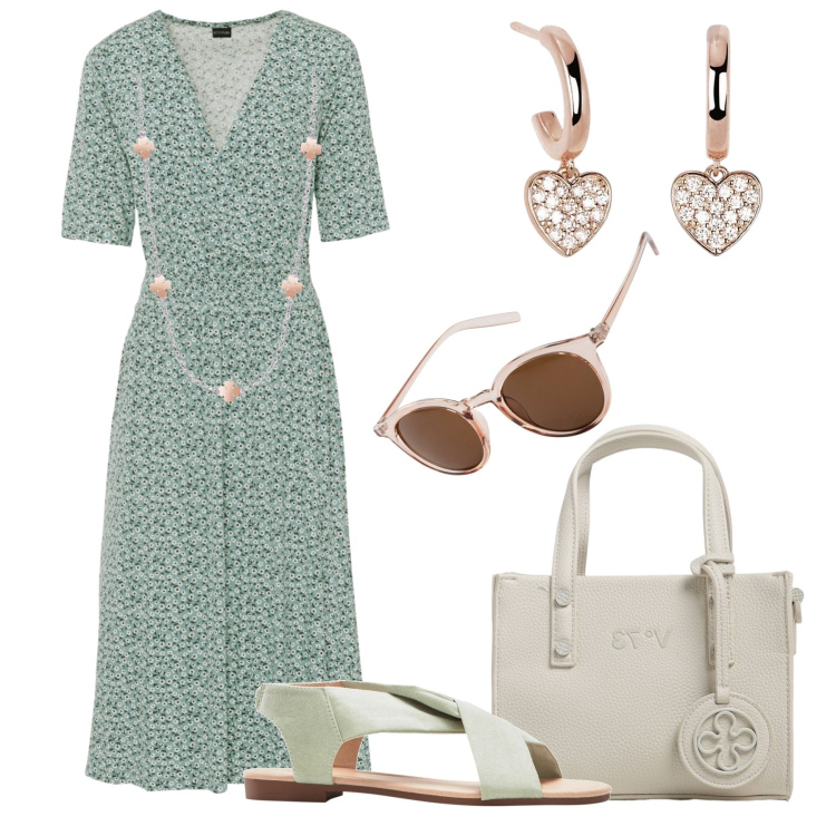 Outfit donna - Passeggiata con le amiche. Stile Glamour per Tutti i giorni. Abbinamento con vestiti, occhiali da sole, sandali, orecchini, collane, borse tote.