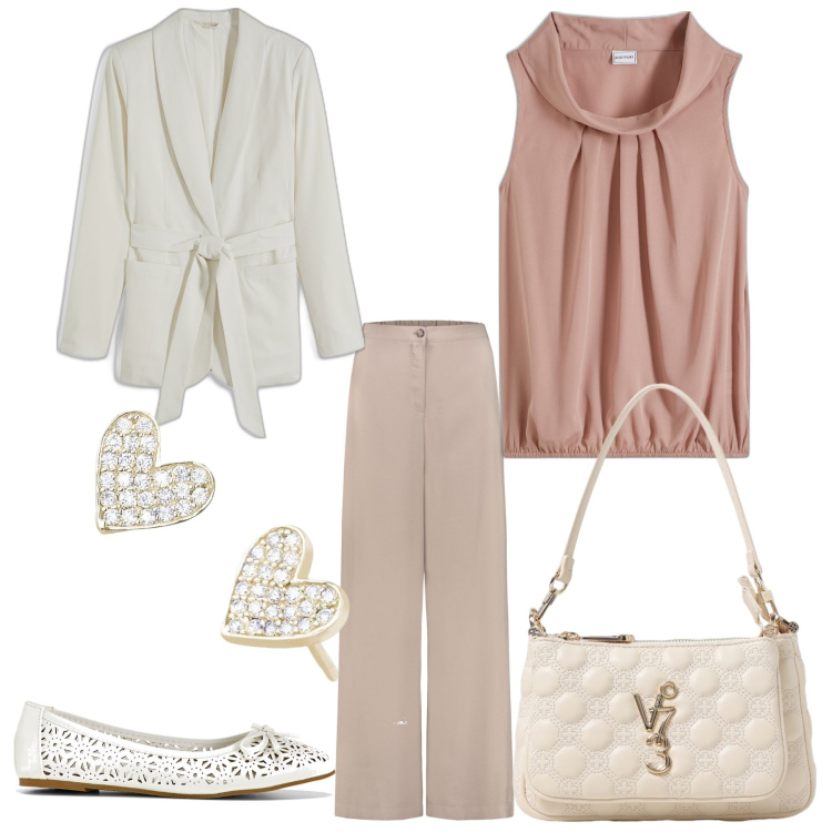 Outfit donna - Total look #1928386. Stile Chic per Ufficio. Abbinamento con top, blazer, ballerine, orecchini, pantaloni, borse a spalla.