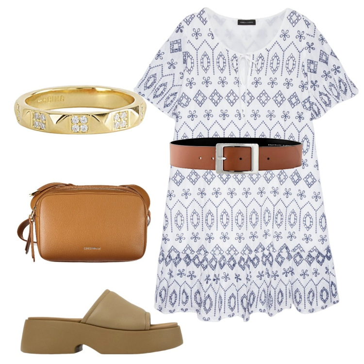 Outfit donna - Mabina. Stile Bon Ton per Tutti i giorni. Abbinamento con cinture, anelli, vestiti, sandali in pelle, borse a tracolla.