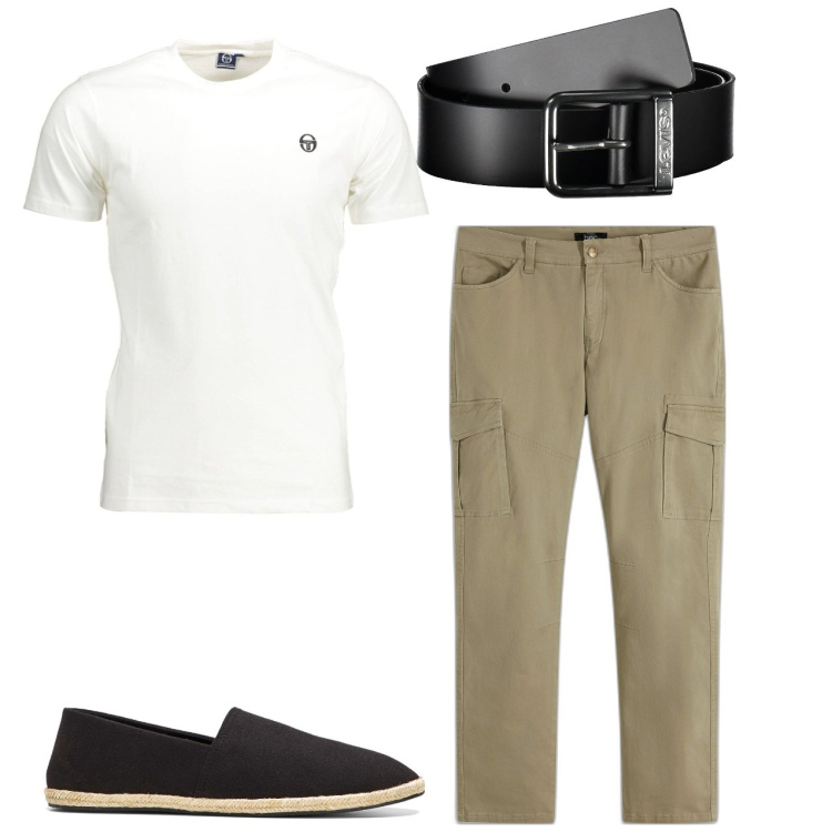 Outfit uomo - Bianco su spago. Stile Casual per Tutti i giorni. Abbinamento con pantaloni cargo, espadrillas, cinture, t-shirt.
