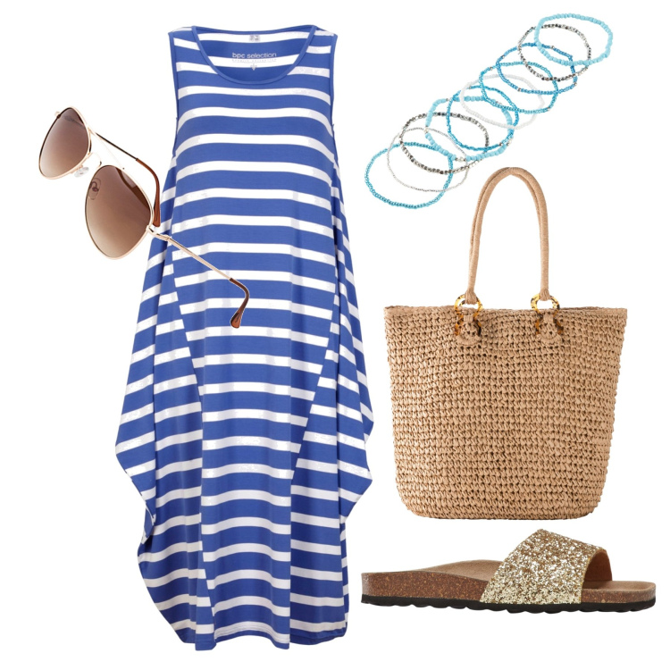 Outfit donna - Ghost outfitter - agosto. Stile Casual per Mare. Abbinamento con occhiali da sole, braccialetti, shopping bag, ciabatte, vestiti midi/longuette.