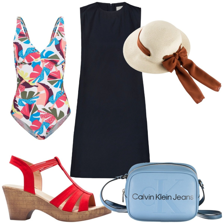 Outfit donna - Total look #1928435. Stile Trendy per Mare. Abbinamento con cappelli, costumi interi, sandali, vestiti a tubino, borse a tracolla.
