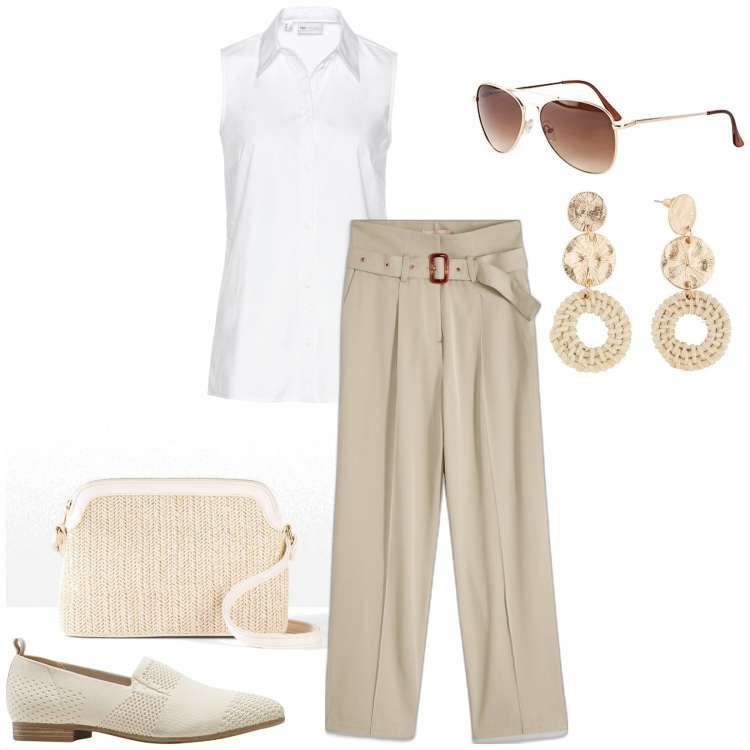 Outfit donna - Total look #1928444. Stile Casual per Ufficio. Abbinamento con occhiali da sole, orecchini, borse a tracolla, pantaloni, camicie, mocassini.