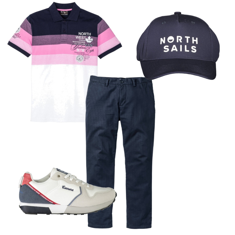Outfit uomo - La polo con le strisce. Stile Casual per Tutti i giorni. Abbinamento con pantaloni chino, polo, cappelli con visiera, sneakers.