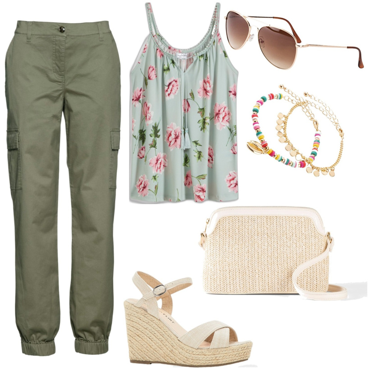 Outfit donna - Estate in città. Stile Trendy per Tutti i giorni. Abbinamento con pantaloni cargo, top, borse a tracolla, sandali, occhiali da sole, braccialetti con ciondoli.
