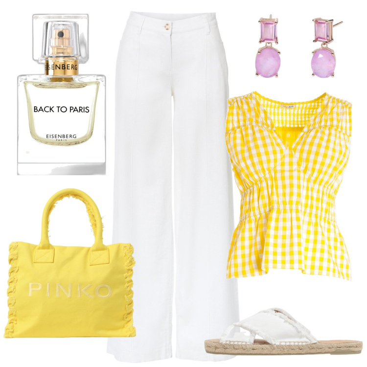 Outfit donna - Gare de Lyon. Stile Basic per Tutti i giorni. Abbinamento con pantaloni a palazzo, profumi, orecchini, top, borse tote, sandali.