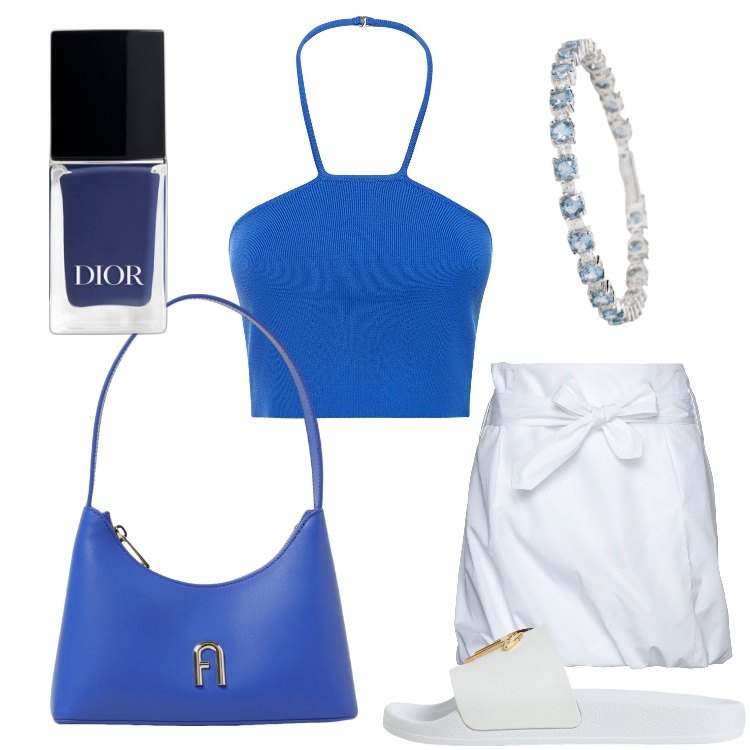 Outfit donna - Biancoblu. Stile Casual chic per Mare. Abbinamento con minigonne, smalti, braccialetti, top, borse a spalla, ciabatte.