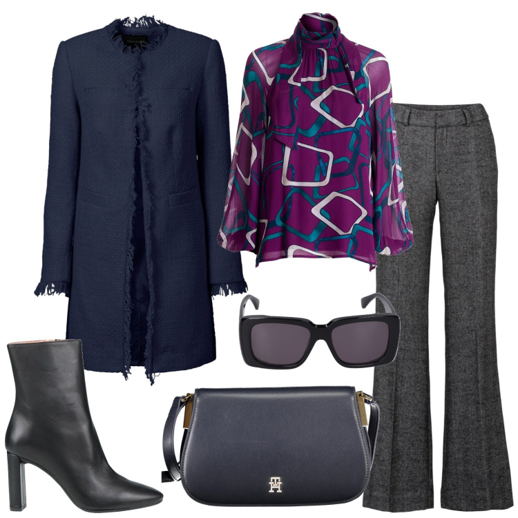 Outfit donna - Autunno dove sei?. Stile Casual chic per Ufficio. Abbinamento con blazer, pantaloni a palazzo, stivaletti, bluse, occhiali da sole, borse a tracolla.