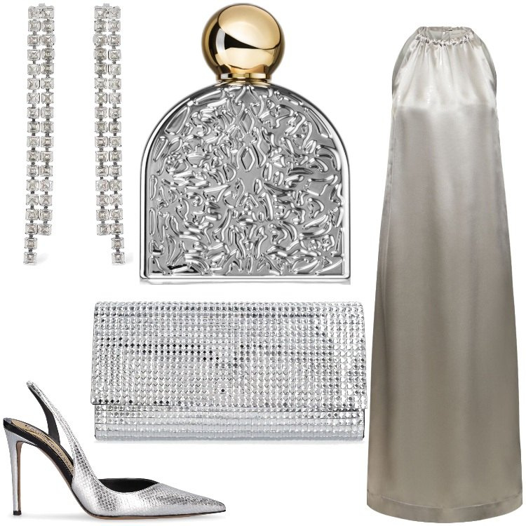 Outfit donna - Scintillante. Stile Chic per Serata fuori. Abbinamento con profumi, vestiti, pochette, orecchini, décolleté.