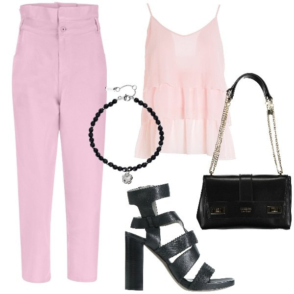 Outfit donna - Cristalli rosa. Stile Romantica per Serata fuori. Abbinamento con sandali in pelle, braccialetti, jeans, top, borse a spalla.
