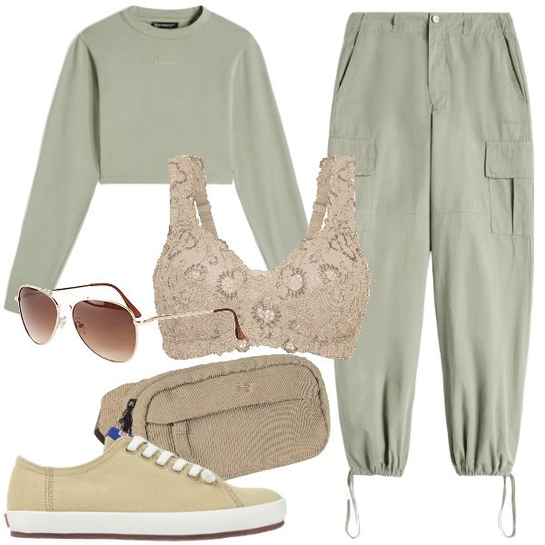 Outfit donna - Al fresco in montagna. Stile Sporty chic per Tutti i giorni. Abbinamento con reggiseni, occhiali da sole, marsupi, pantaloni cargo, maglieria, sneakers.