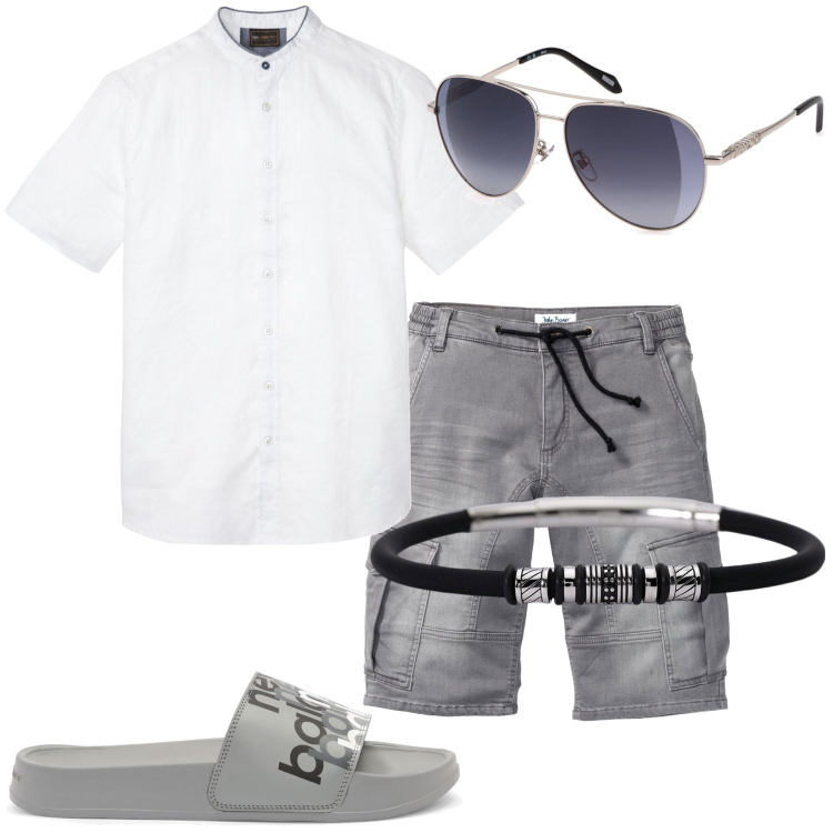 Outfit uomo - Tutti i giorni. Stile Casual per Tutti i giorni. Abbinamento con bermuda, camicie a manica corta, braccialetti, sandali, occhiali da sole.