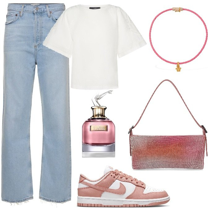 Outfit donna - Total look #1928545. Stile Trendy per Tutti i giorni. Abbinamento con profumi, sneakers, top, collane, borse a spalla, jeans dritti.