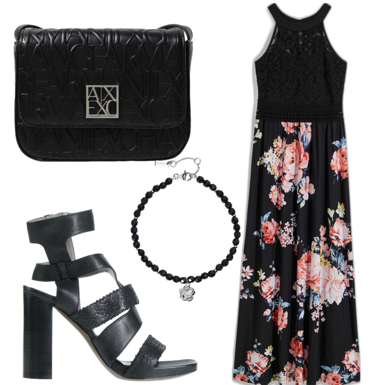 Outfit donna - Total look #1928573. Stile Glamour per Serata fuori. Abbinamento con vestiti lunghi, sandali in pelle, braccialetti, borse a tracolla.