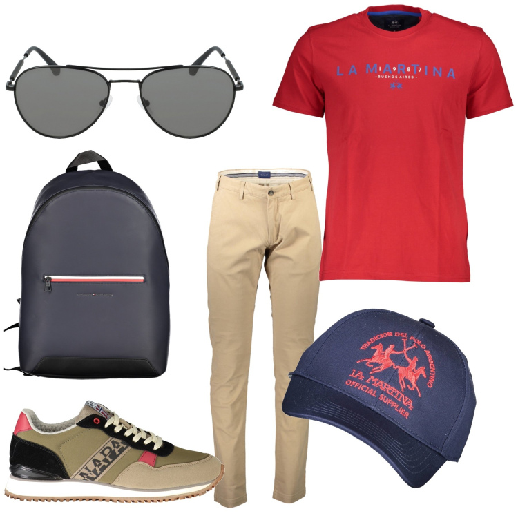 Outfit uomo - Total look #1928578. Stile Casual per Tutti i giorni. Abbinamento con t-shirt, occhiali da sole, pantaloni, cappelli con visiera, sneakers, borse sportive.