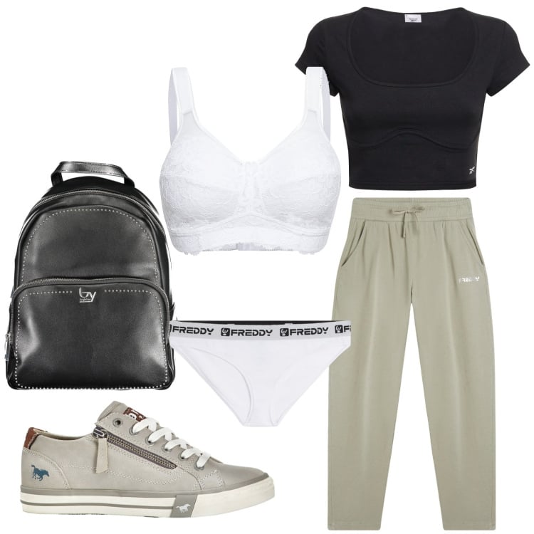 Outfit donna - Sportiva con zaino. Stile Basic per Tutti i giorni. look ideale per Petite. Abbinamento con reggiseni, sneakers, pantaloni, culotte, zaini, t-shirt.