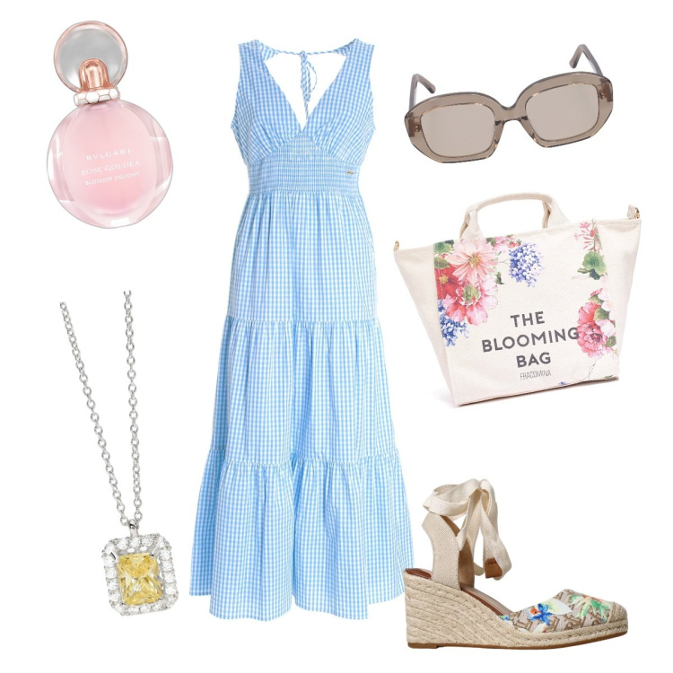 Outfit donna - Shopping. Stile Casual chic per Tutti i giorni. Abbinamento con profumi, collane, vestiti lunghi, borse tote, zeppe, occhiali da sole.