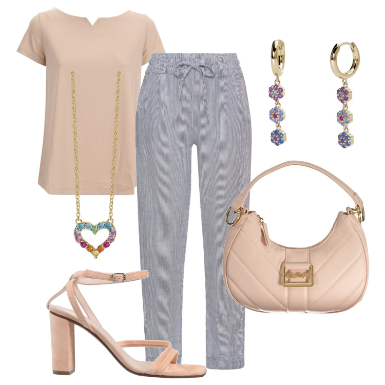 Outfit donna - Ufficio estivo. Stile Casual chic per Ufficio. Abbinamento con pantaloni, sandali in pelle, collane, orecchini, t-shirt, borse a spalla.