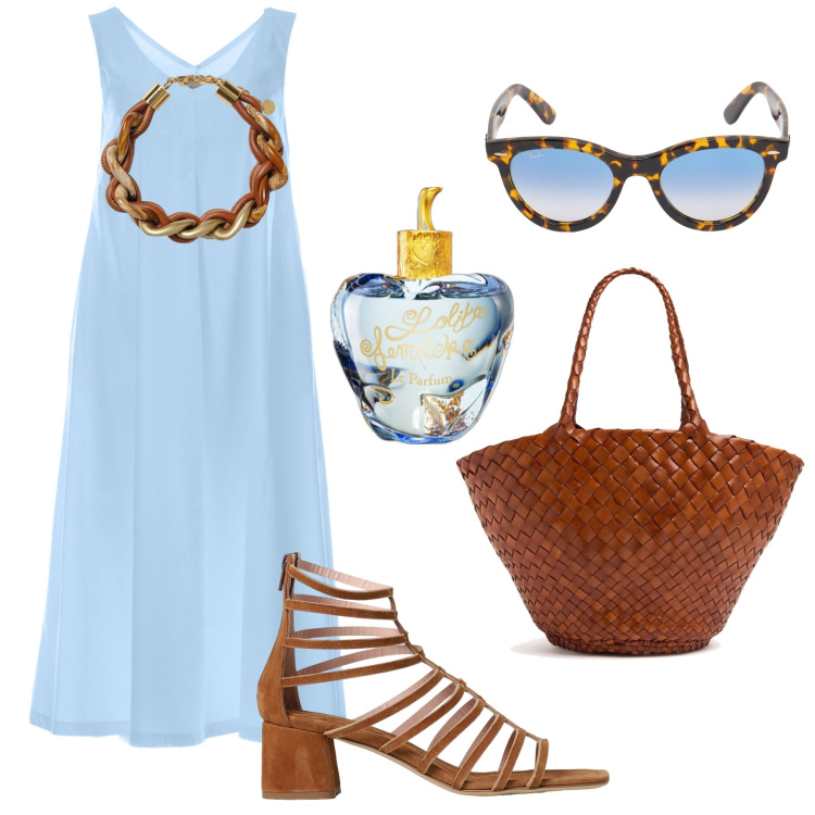 Outfit donna - Modalità vacanza on !. Stile Vintage retrò per Tutti i giorni. Abbinamento con profumi, vestiti lunghi, collane, sandali col tacco, shopping bag, occhiali da sole.