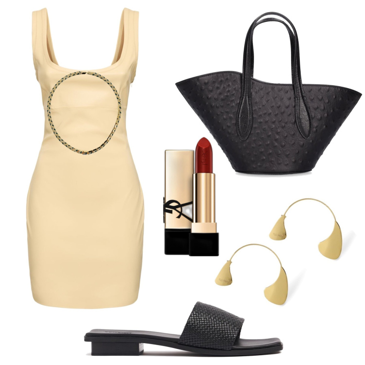 Outfit donna - In vacanza a cena. Stile Chic per Serata fuori. Abbinamento con rossetti, sandali in pelle, vestiti, collane, borse a mano, orecchini.