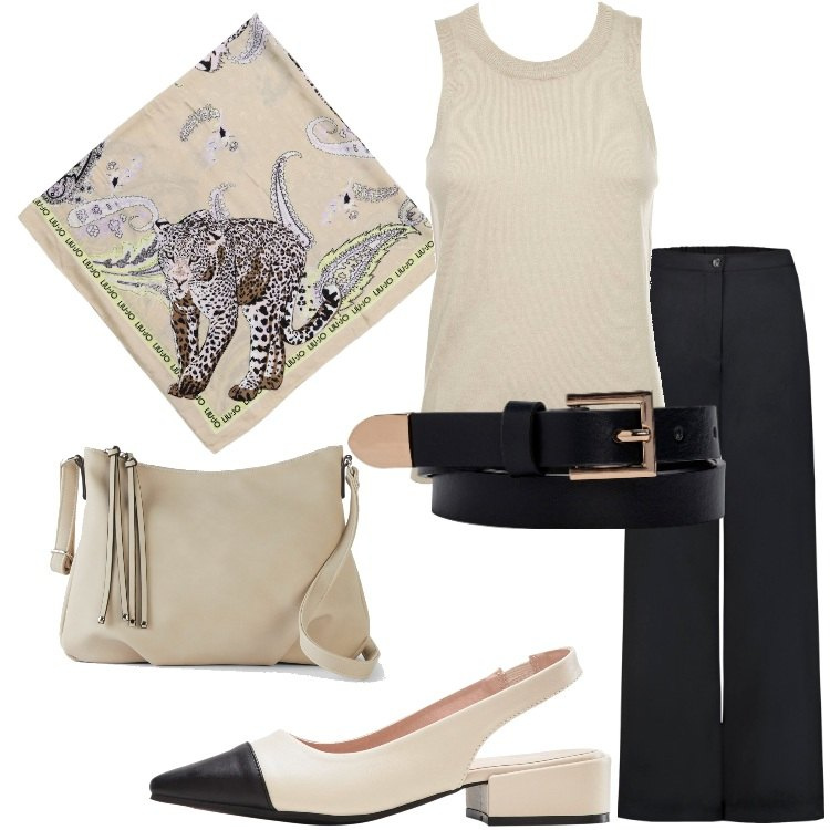 Outfit donna - Sabbia e nero per agosto. Stile Casual chic per Tutti i giorni. Abbinamento con décolleté, borse a tracolla, pantaloni, top, cinture, sciarpe.