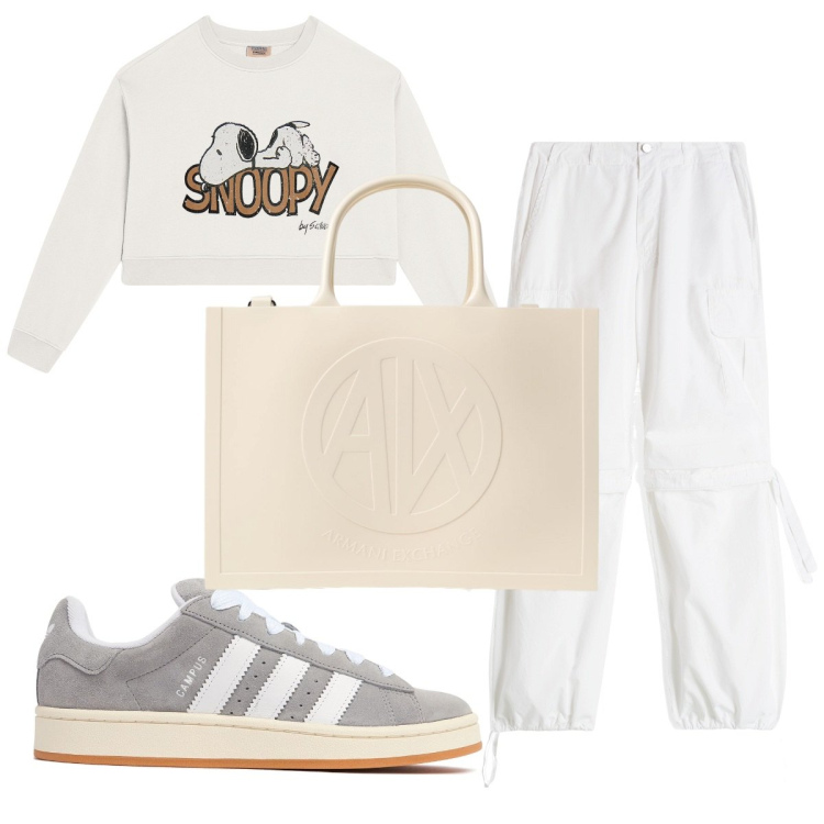 Outfit donna - Total look #1928642. Stile Trendy per Tutti i giorni. Abbinamento con pantaloni cargo, felpe, sneakers, borse tote.