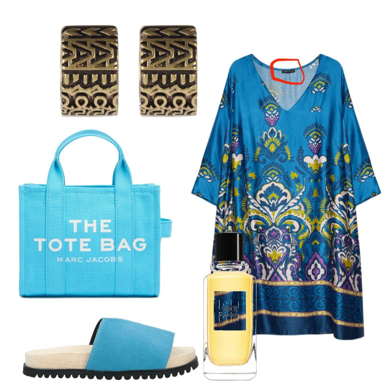 Outfit donna - La fresca tunica fantasia in seta. Stile Etnico per Serata fuori. Abbinamento con sandali in pelle, profumi, vestiti corti, borse tote, orecchini.