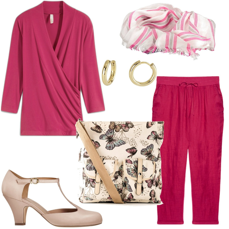 Outfit donna - Pomeriggio con le amiche. Stile Casual chic per Tutti i giorni. look ideale per Petite. Abbinamento con borse a tracolla, maglieria, décolleté, orecchini, pantaloni, foulard.