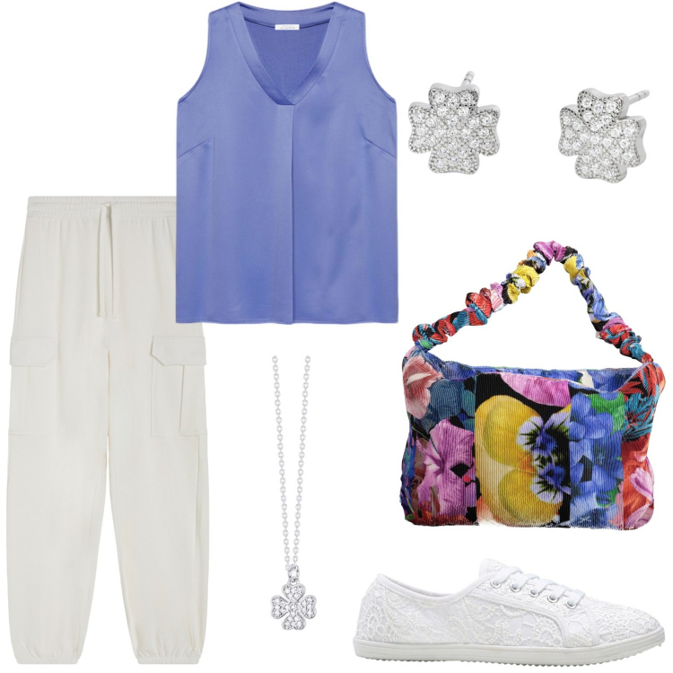 Outfit donna - La borsa con stampa. Stile Basic per Tutti i giorni. look ideale per Petite. Abbinamento con sneakers, orecchini, collane, pantaloni cargo, borse a spalla, top.