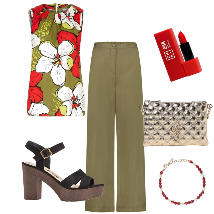 Outfit donna - Fiore d\'agosto. Stile Casual chic per Ufficio. Abbinamento con top, sandali col tacco, rossetti, braccialetti, pantaloni, borse a tracolla.