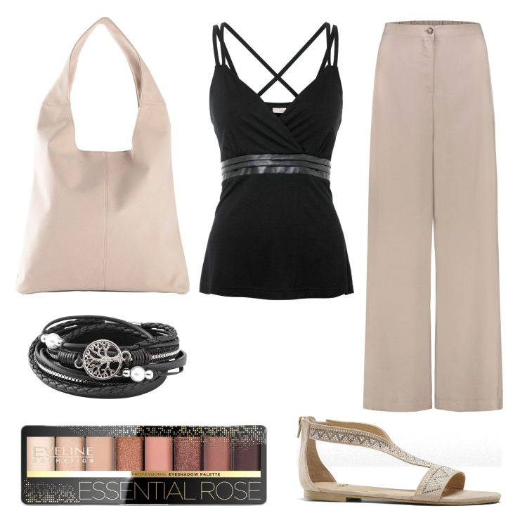 Outfit donna - Beige e nero boho chic. Stile Boho per Tutti i giorni. Abbinamento con braccialetti, top, sandali, shopping bag, ombretti, pantaloni.