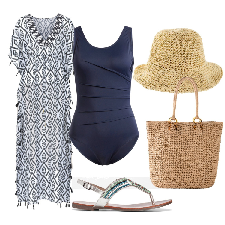 Outfit donna - Marina gipsy. Stile Etnico per Mare. Abbinamento con costumi interi, cappelli, ciabatte, vestiti da spiaggia, bermuda, shopping bag.