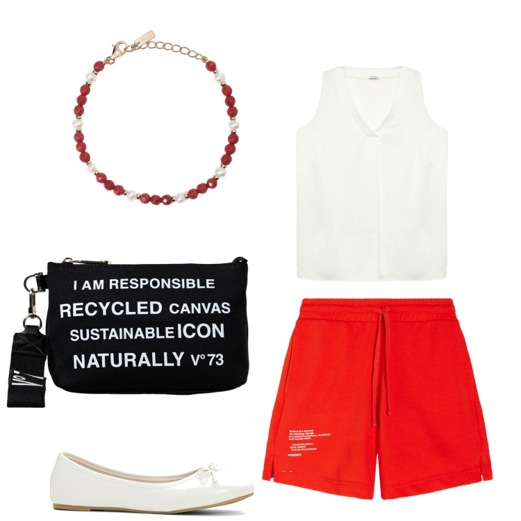 Outfit donna - Short rossi. Stile Basic per Tutti i giorni. look ideale per Petite. Abbinamento con ballerine, braccialetti, pantaloni corti, top, borse a tracolla.