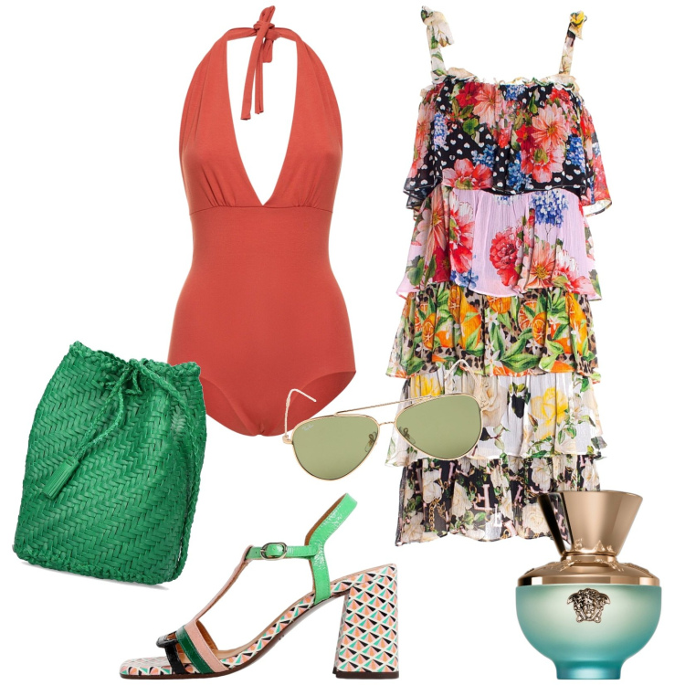 Outfit donna - Holiday. Stile Casual chic per Mare. Abbinamento con profumi, vestiti senza maniche, sandali col tacco, costumi interi, borse a spalla, occhiali da sole.
